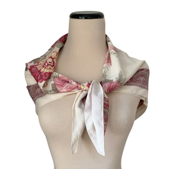 Vintage Romantic Scarf Cabbage Roses Cream Pink Florals Cotton Silk ? 30 x 31 - Picture 3 of 7